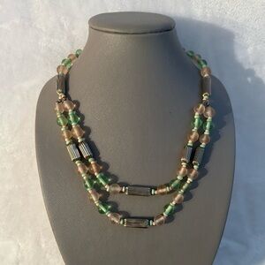 Pink & green beaded necklace. Silver